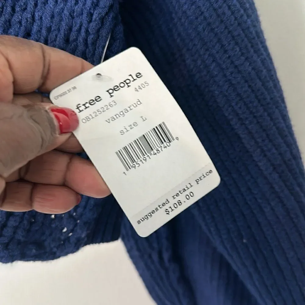Free People Vanguard Blue Pullover Chunky Knit Cropped Sweater L - Picture 7 of 9